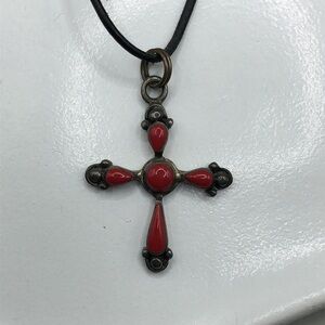 Sterling silver 925 coral cross pendant leather necklace vintage artisan rustic